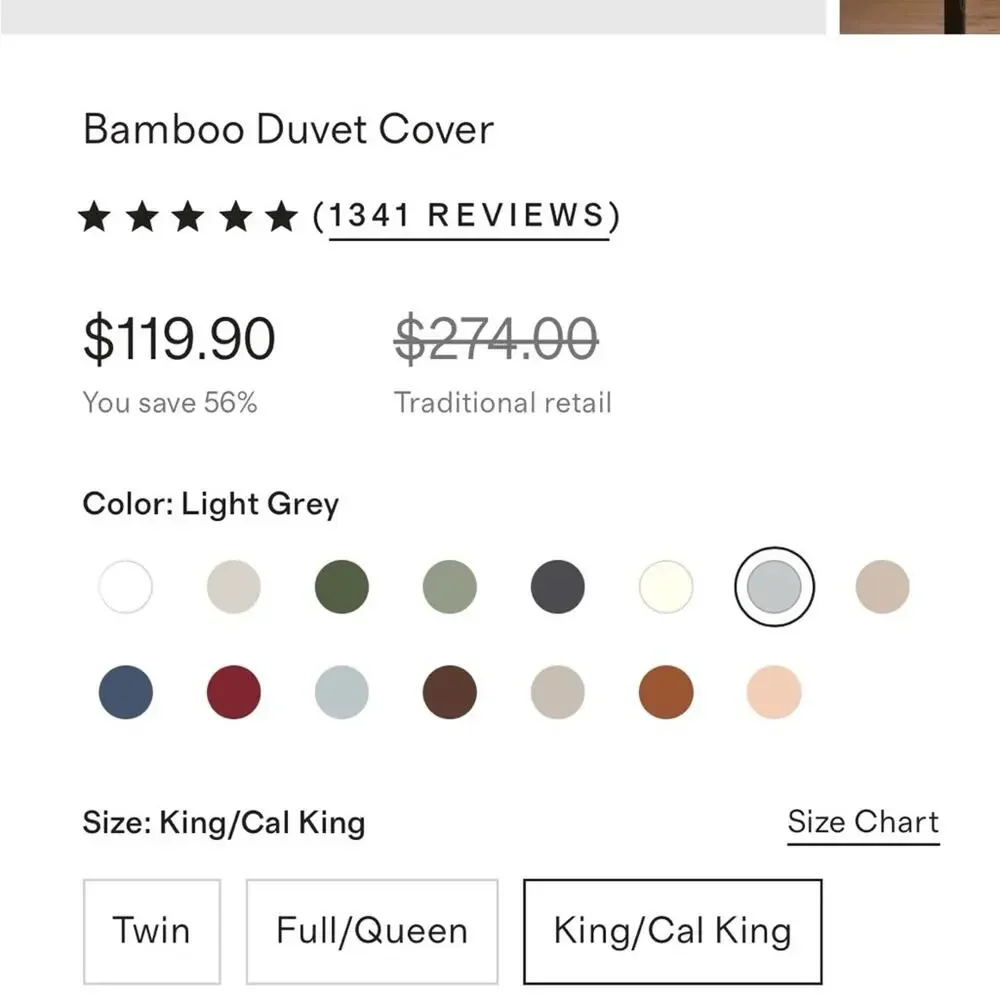 Quince Bamboo Duvet‎ Cover Light Grey Size King/Calking